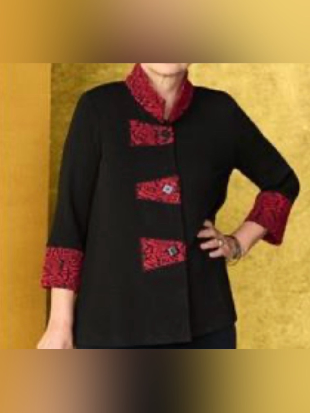 Ali Miles  Black With Red Trim Button Down Viscose Blend Jacket Women Size Large